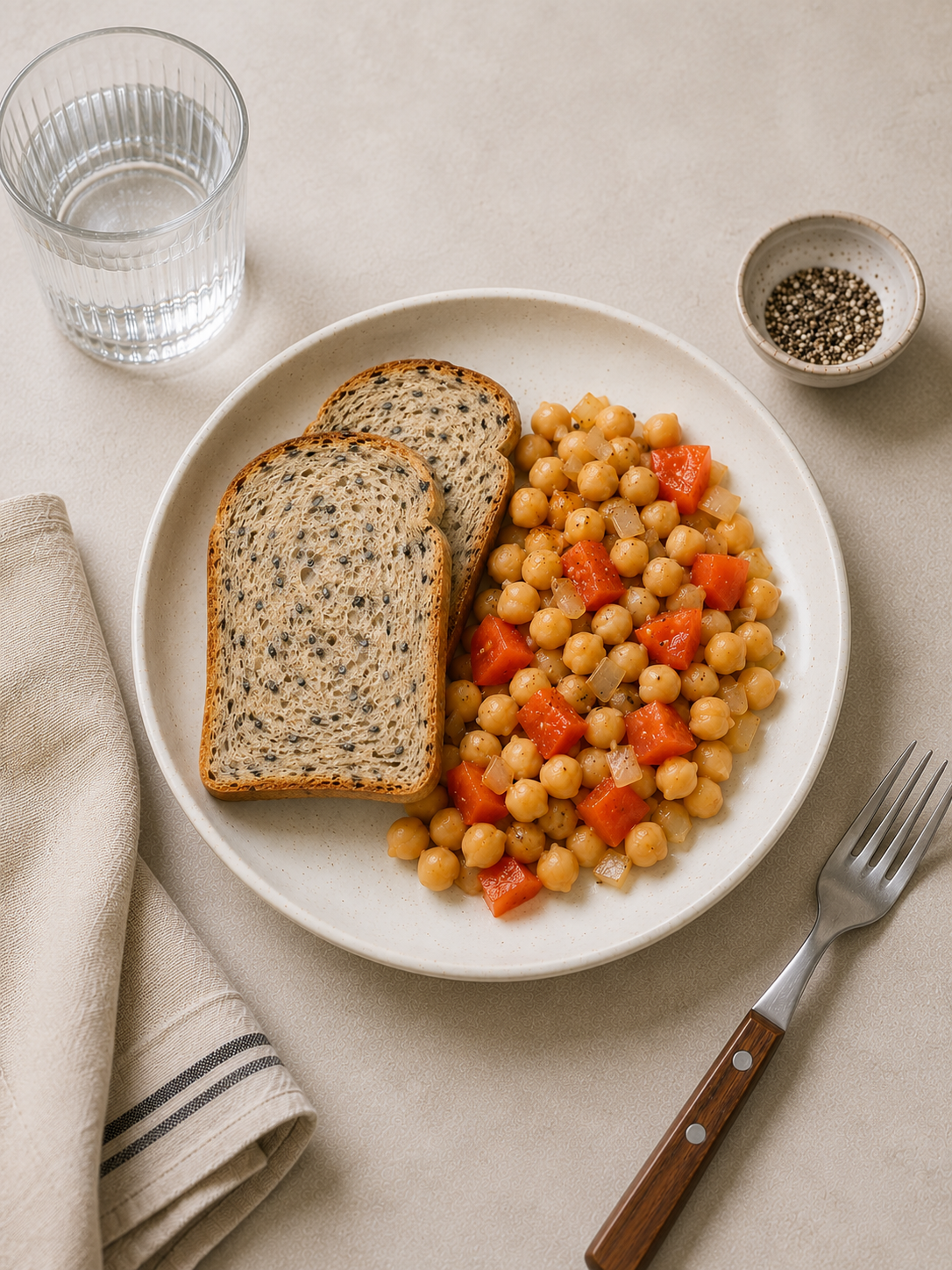 Bánh mì mè đen đậu gà xào, bữa sáng plant-based 419 kcal phase Maintain