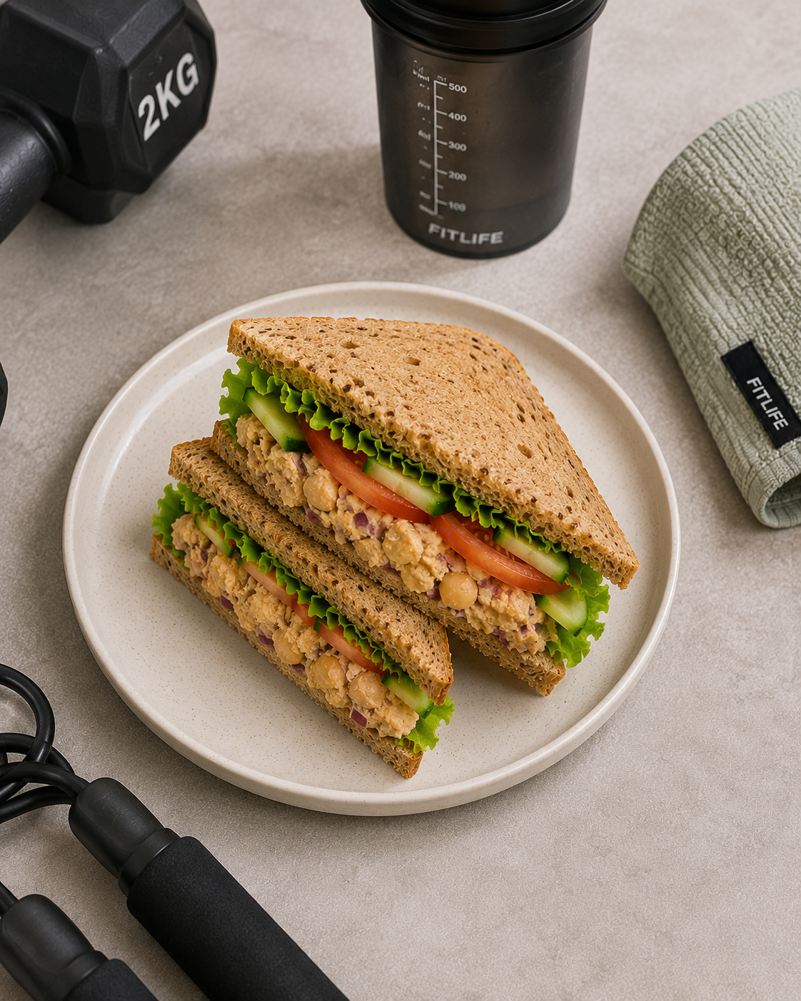 Bánh mì sandwich đậu gà thuần chay, bữa sáng plant-based 464 kcal phase Maintain