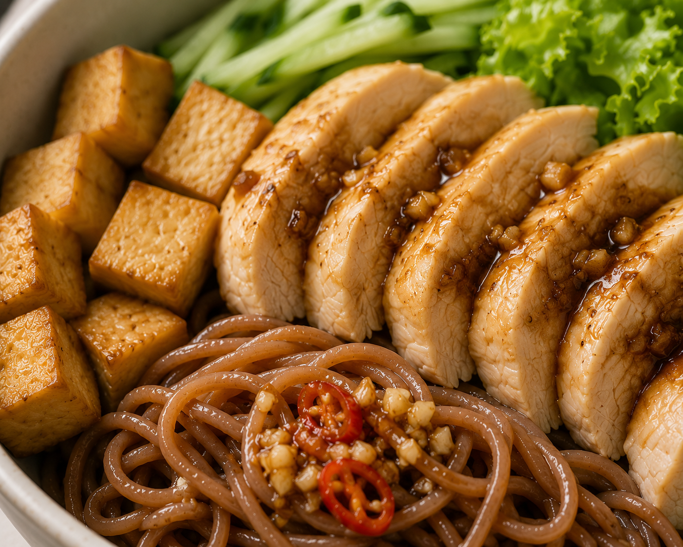 Bún gạo lứt ức gà nước tương: Bữa chính 20 phút 37g protein. · gallery 1