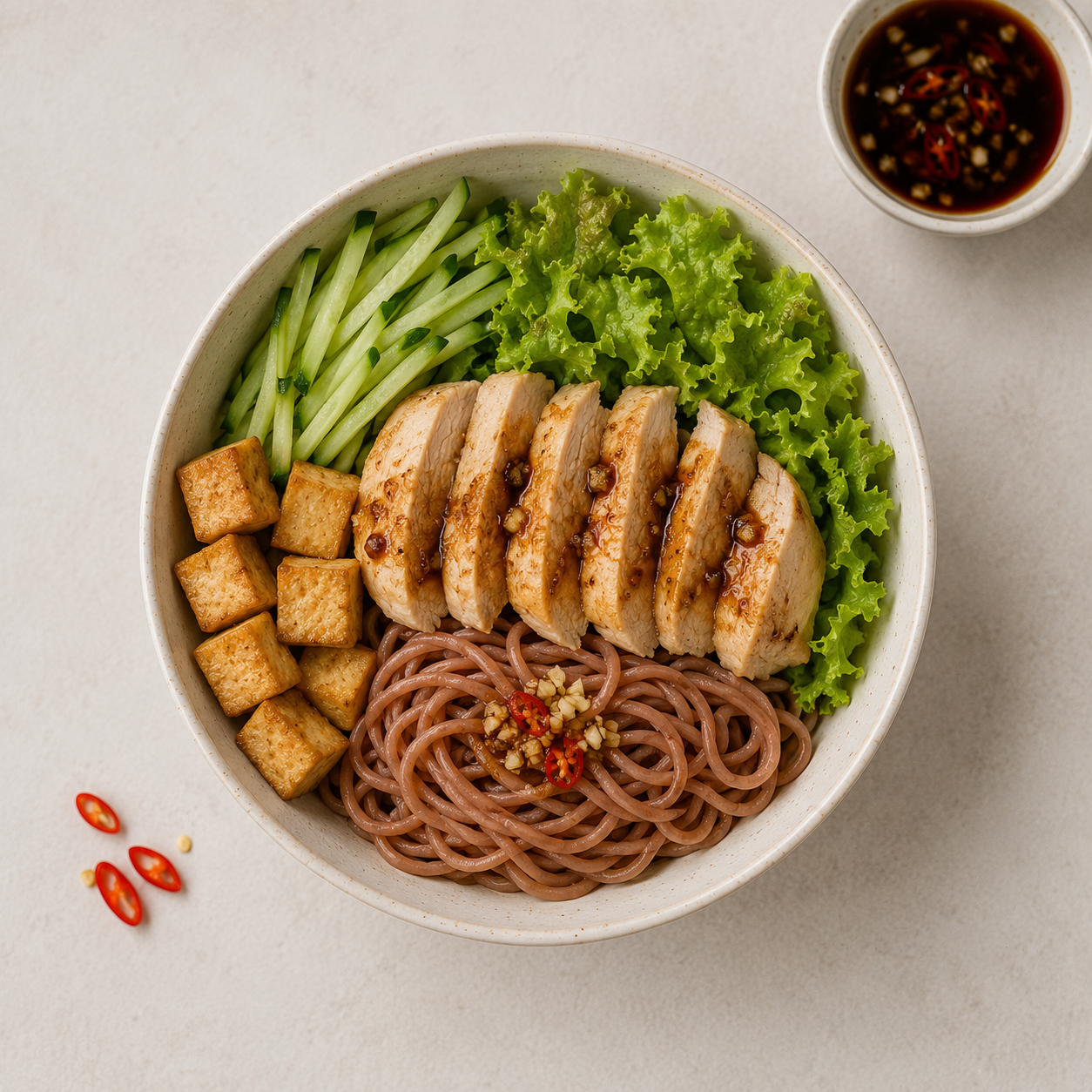 Bún gạo lứt ức gà nước tương, 37g protein