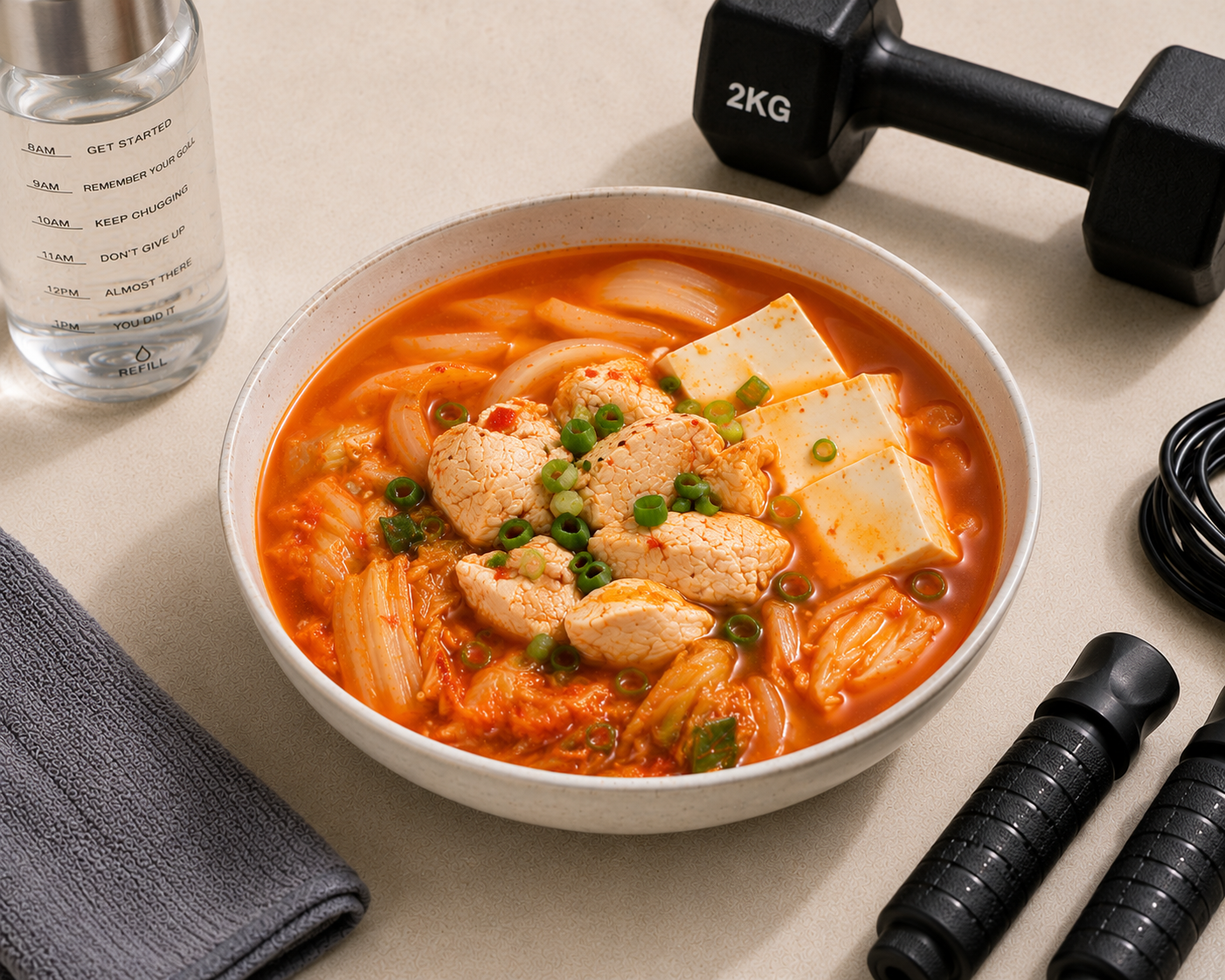 Canh kimchi đậu hũ ức gà: Bữa chính 25 phút 48g protein. · gallery 1
