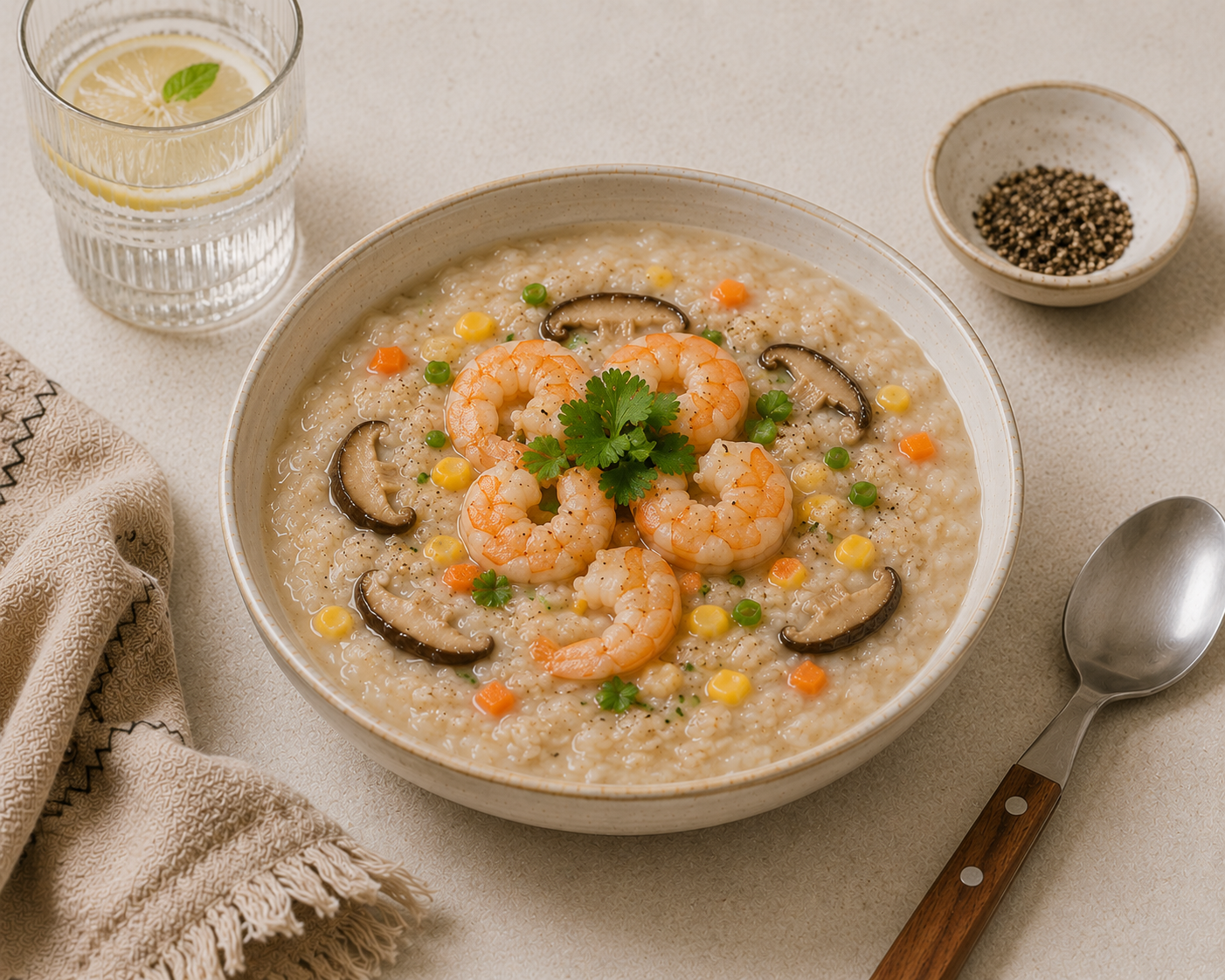 Cháo yến mạch hải sản, bữa sáng 40g protein, tôm và trứng, whole food
