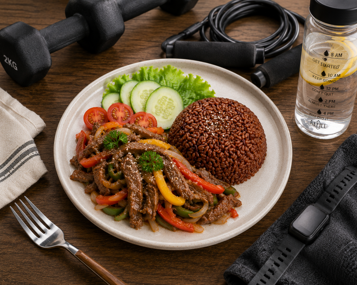 Cơm gạo lứt bò xào măng tây: Bữa chính 20 phút 40g protein. · gallery 1