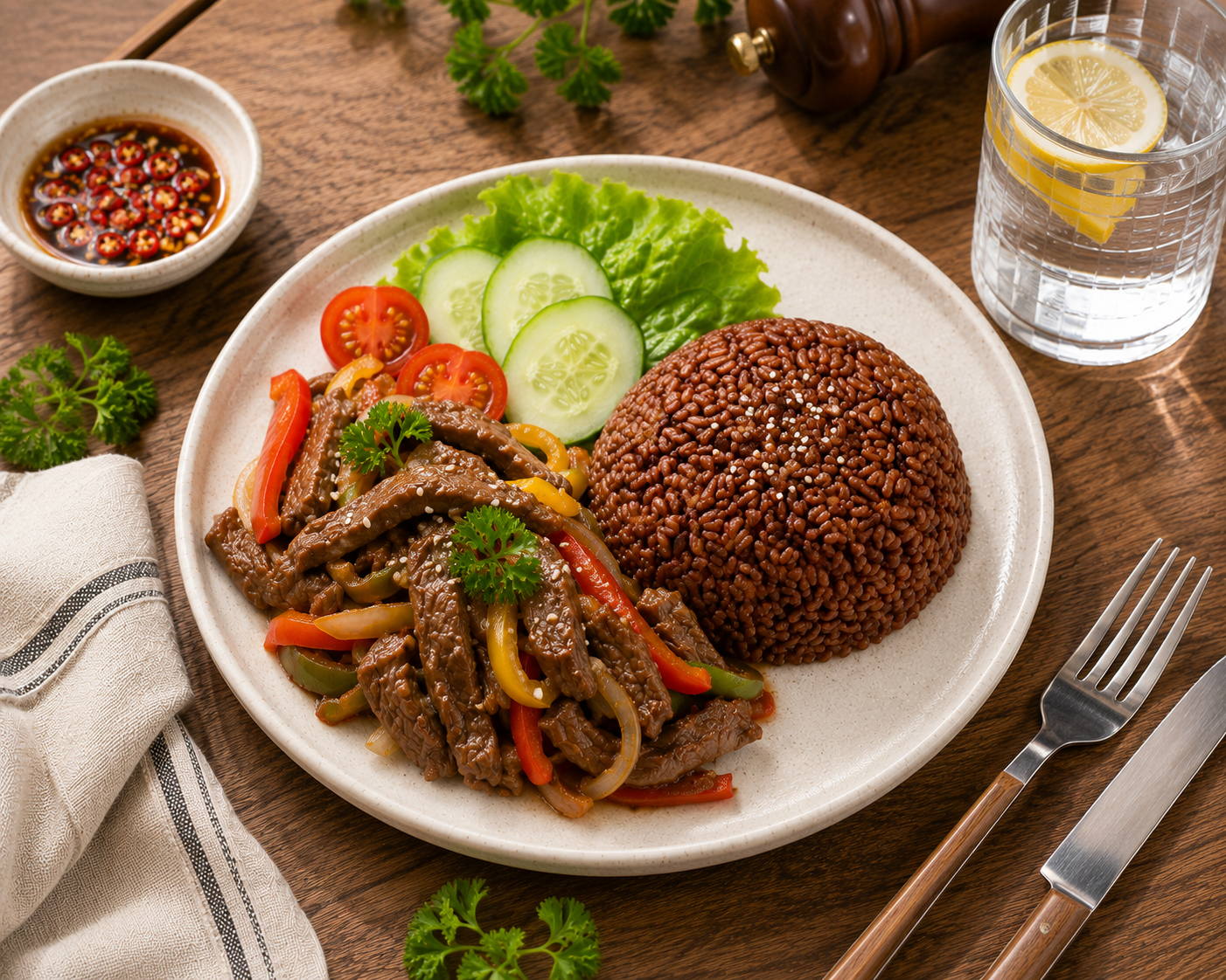 Cơm gạo lứt bò xào măng tây: Bữa chính 20 phút 40g protein. · gallery 3