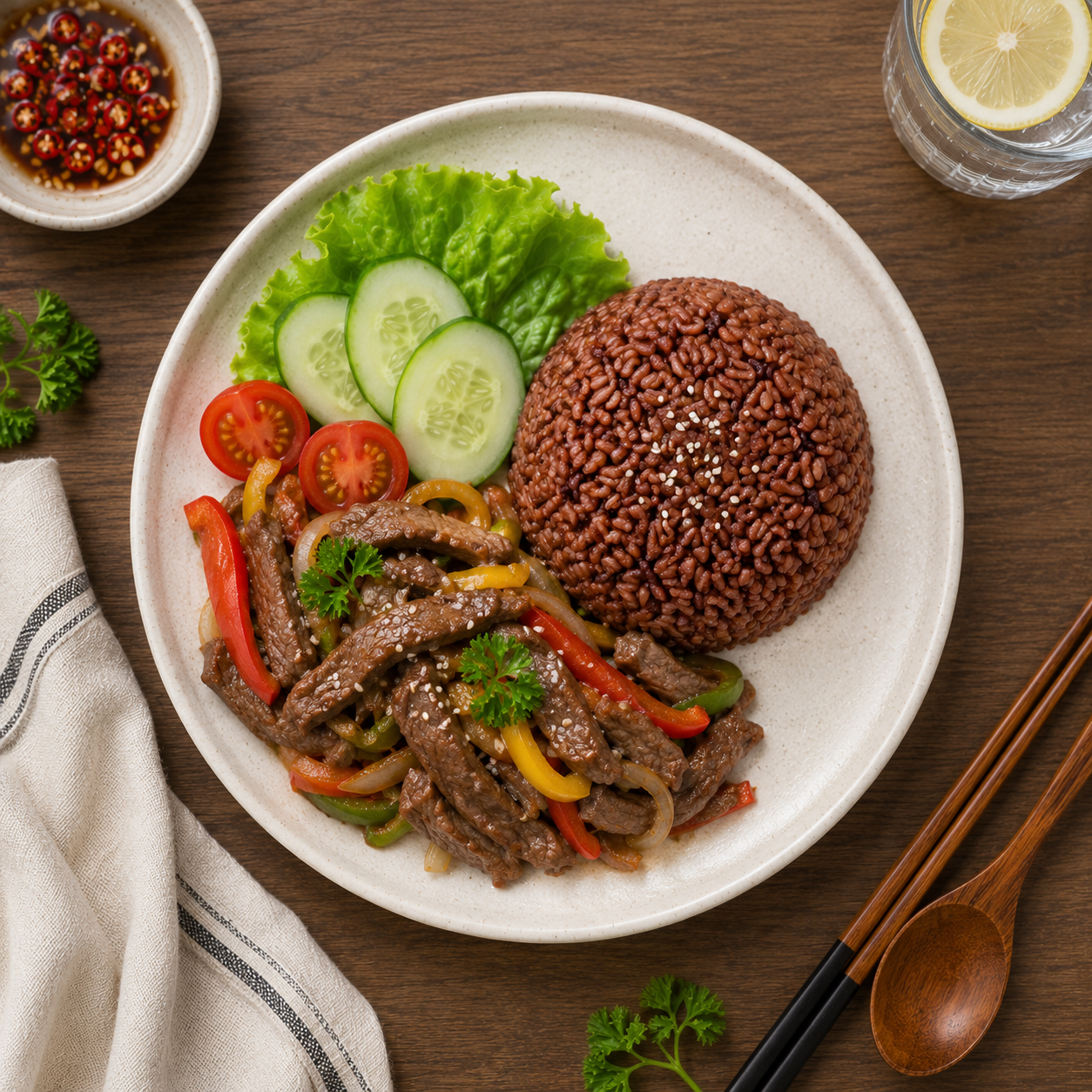 Cơm gạo lứt bò xào măng tây, 40g protein