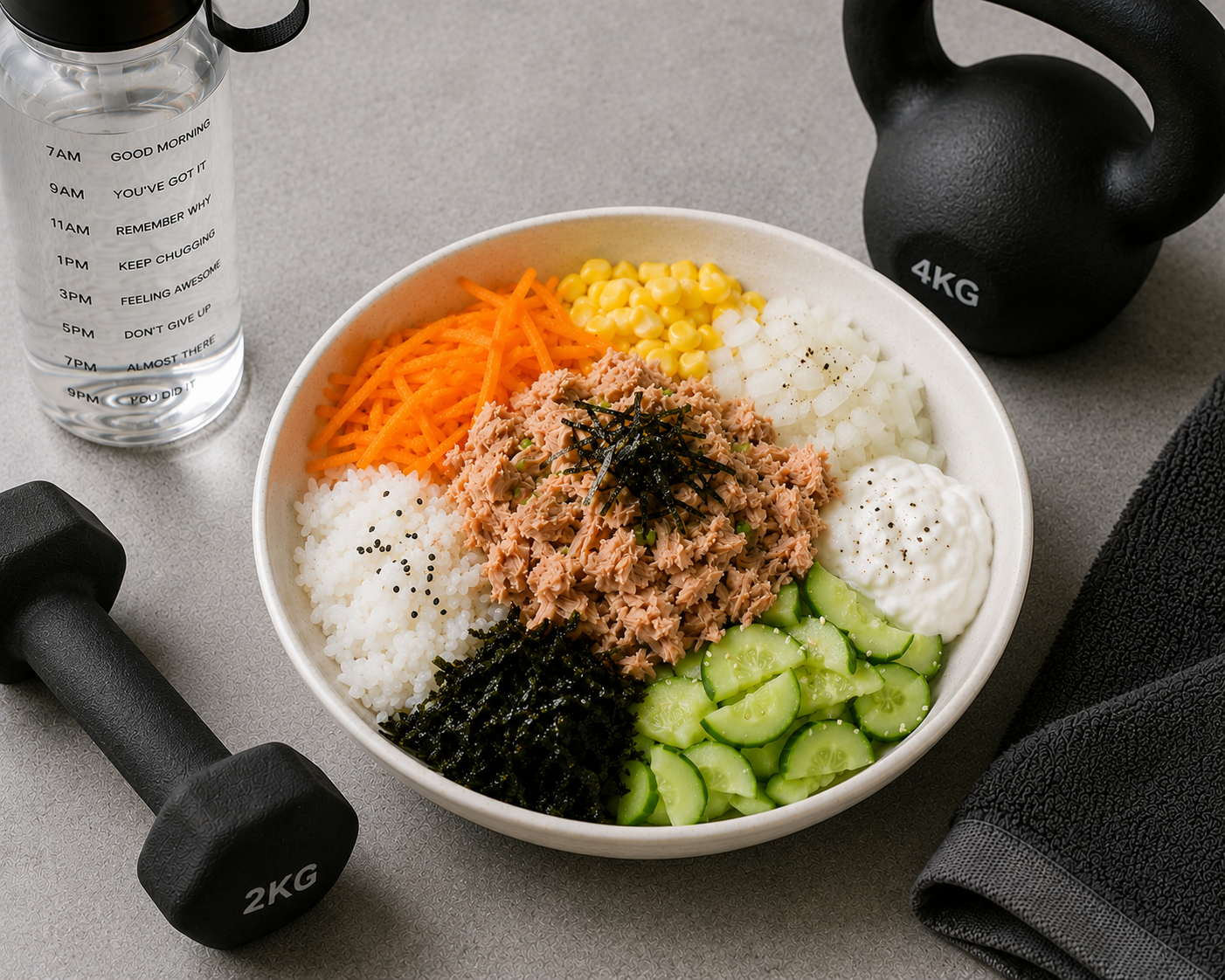 Cơm trộn cá hồi trứng rau củ: Bữa chính 25 phút 34g protein. · gallery 2