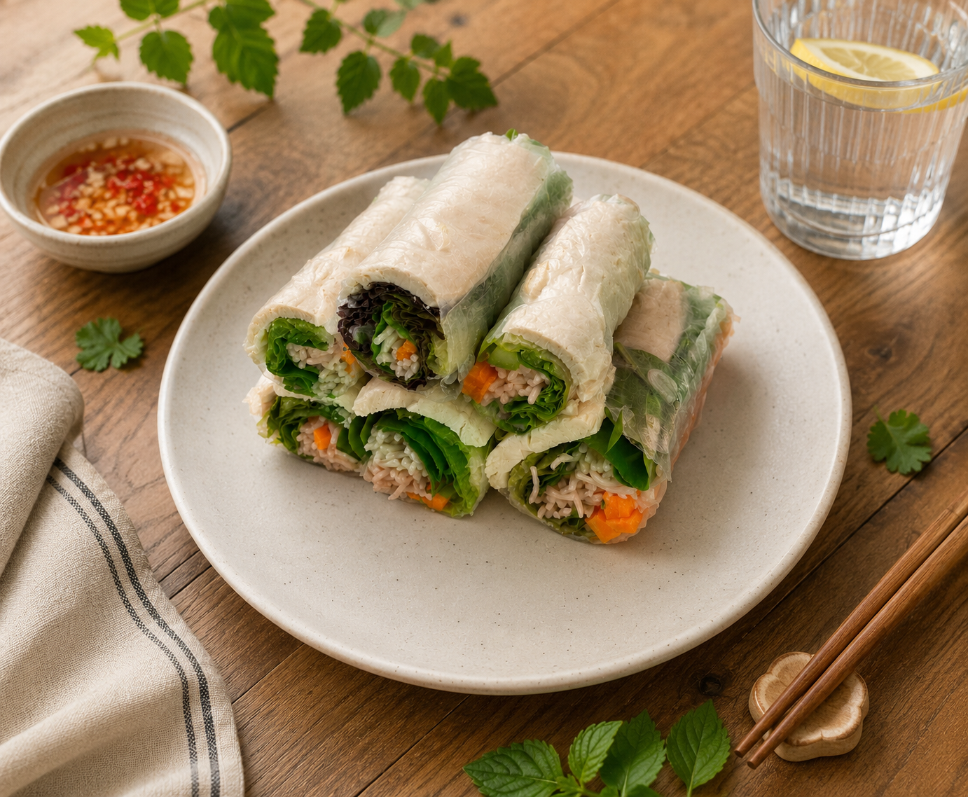 Gỏi cuốn ức gà bún gạo lứt: Bữa chính 25 phút 49g protein. · gallery 1
