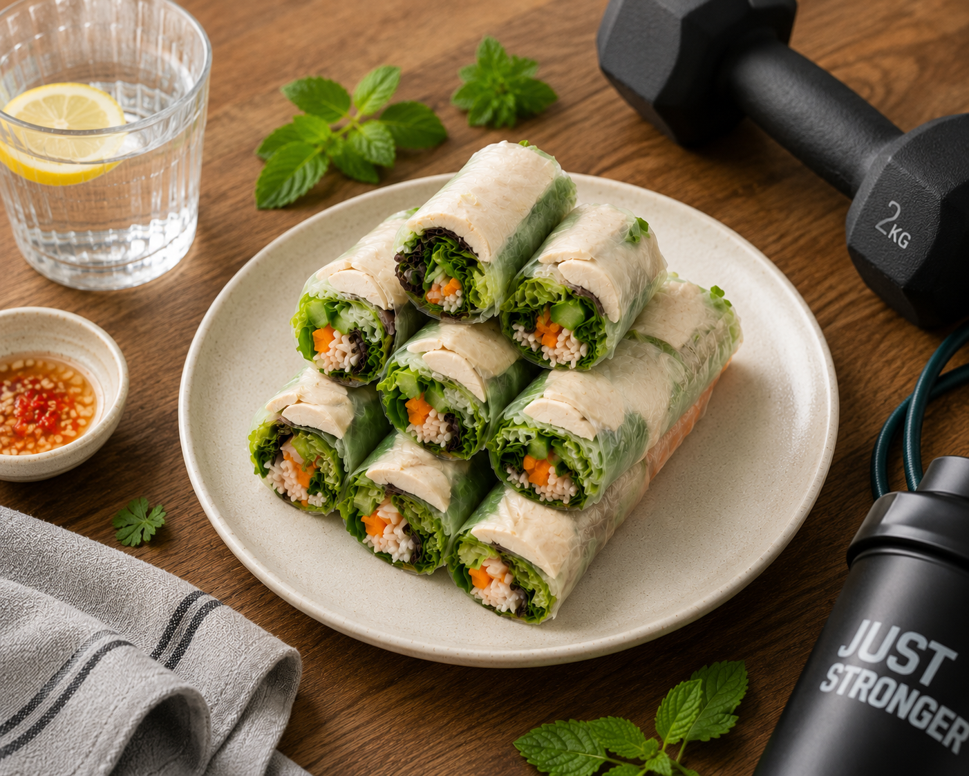 Gỏi cuốn ức gà bún gạo lứt, bữa chính 49g protein, whole food
