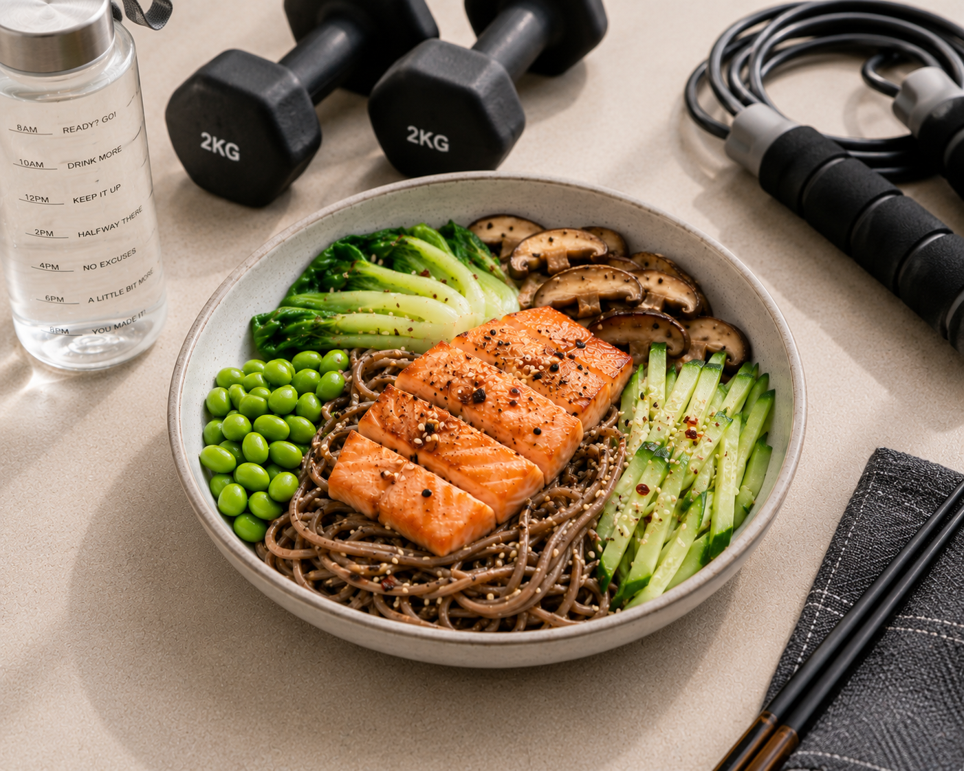 Mì soba cá hồi rau củ: Bữa chính 25 phút 39g protein. · gallery 1