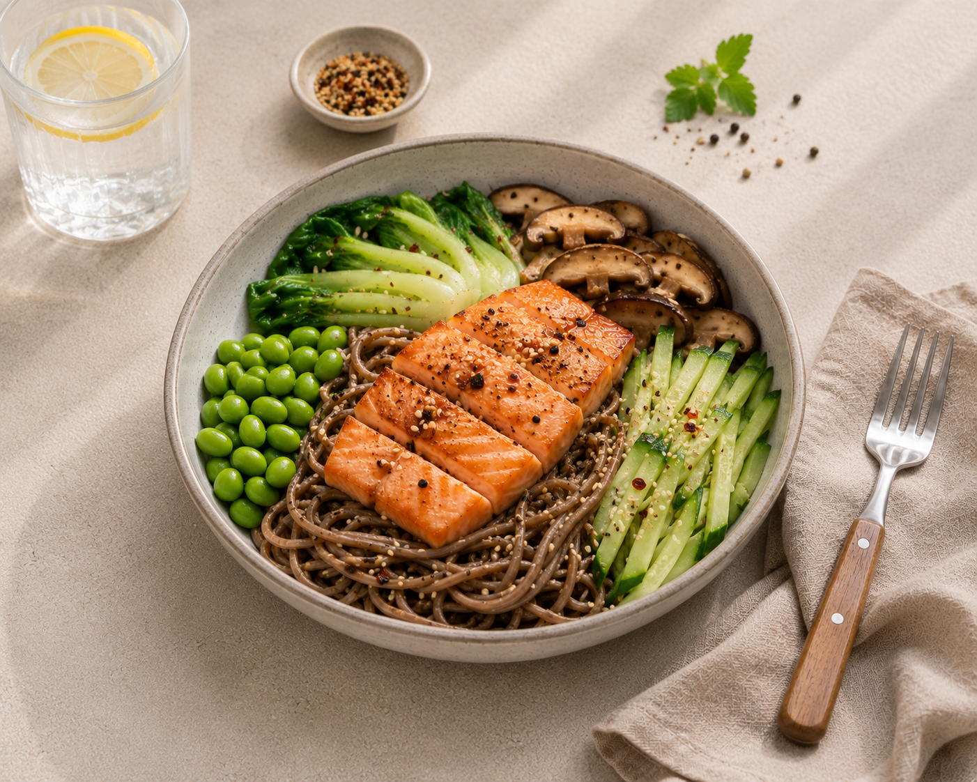 Mì soba cá hồi rau củ: Bữa chính 25 phút 39g protein. · gallery 2