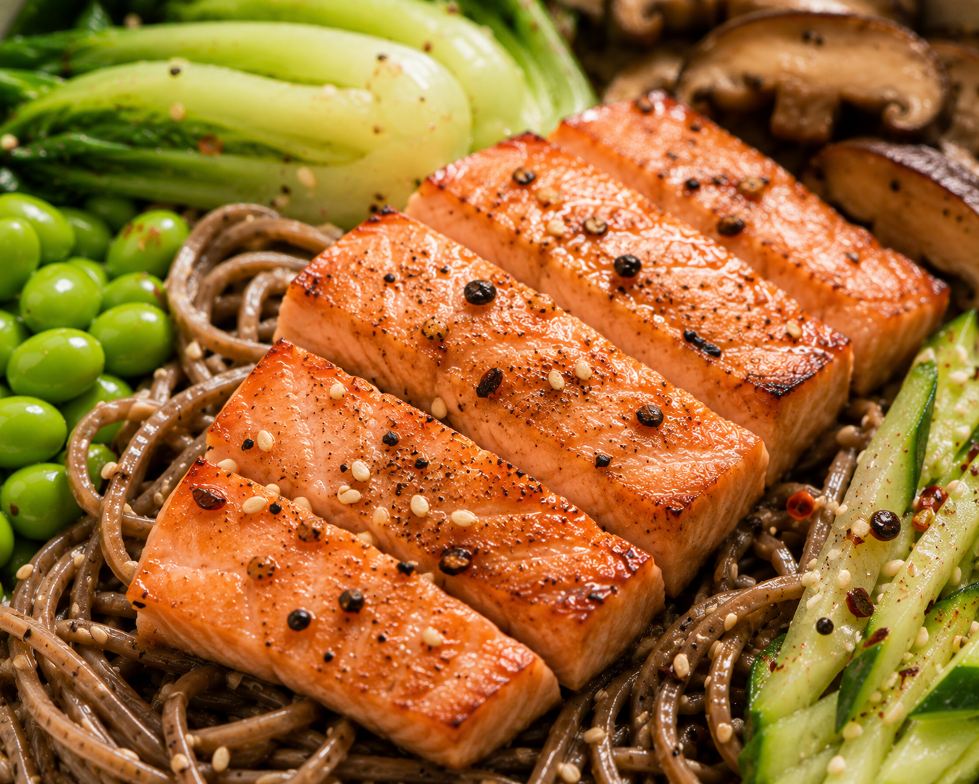 Mì soba cá hồi rau củ: Bữa chính 25 phút 39g protein. · gallery 3