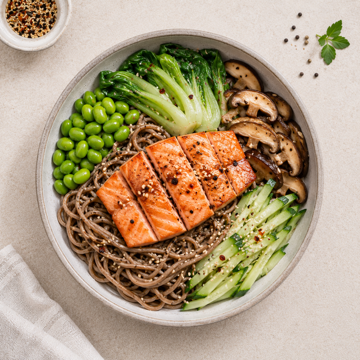 Mì soba cá hồi rau củ, 39g protein