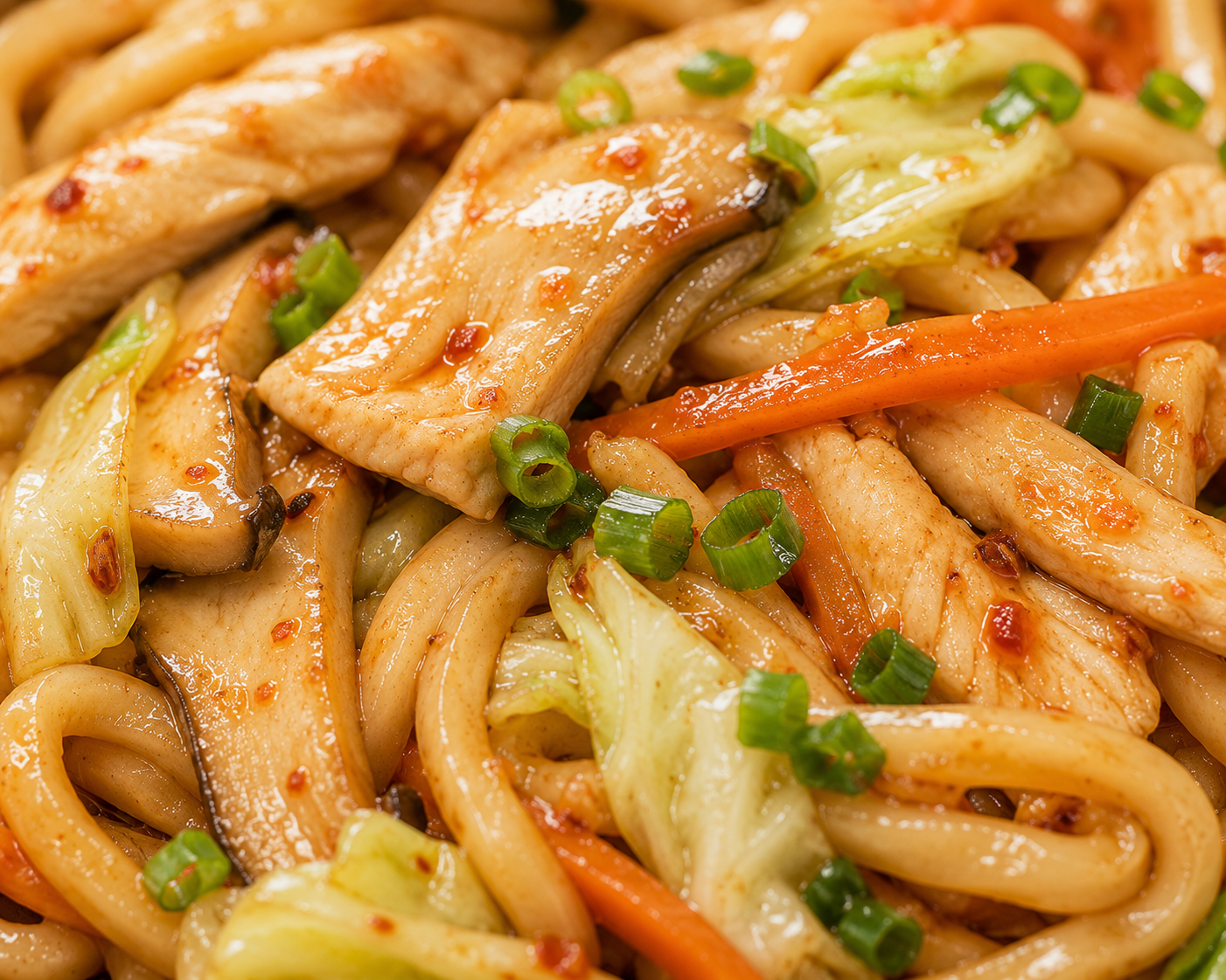 Mì udon ức gà xào sốt sa tế: Bữa chính 20 phút 42g protein 458 kcal. · gallery 1