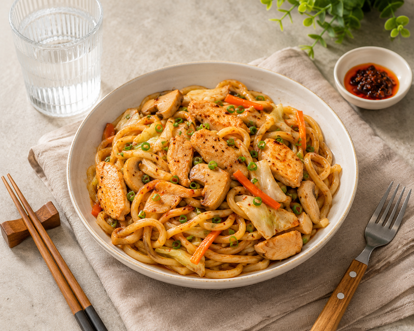 Mì udon ức gà xào sốt sa tế: Bữa chính 20 phút 42g protein 458 kcal. · gallery 2