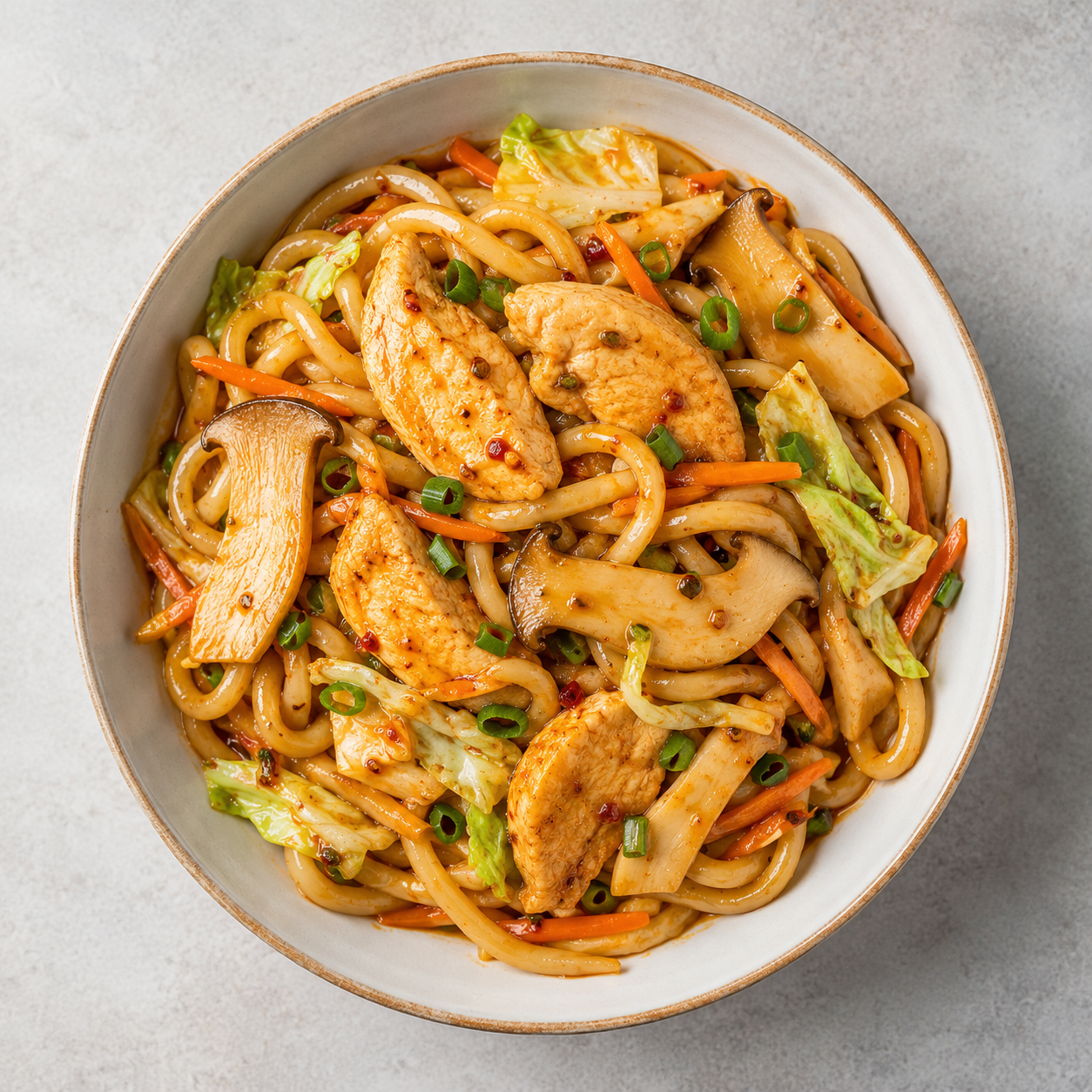 Mì udon ức gà xào sốt sa tế: Bữa chính 20 phút 42g protein 458 kcal. · gallery 3