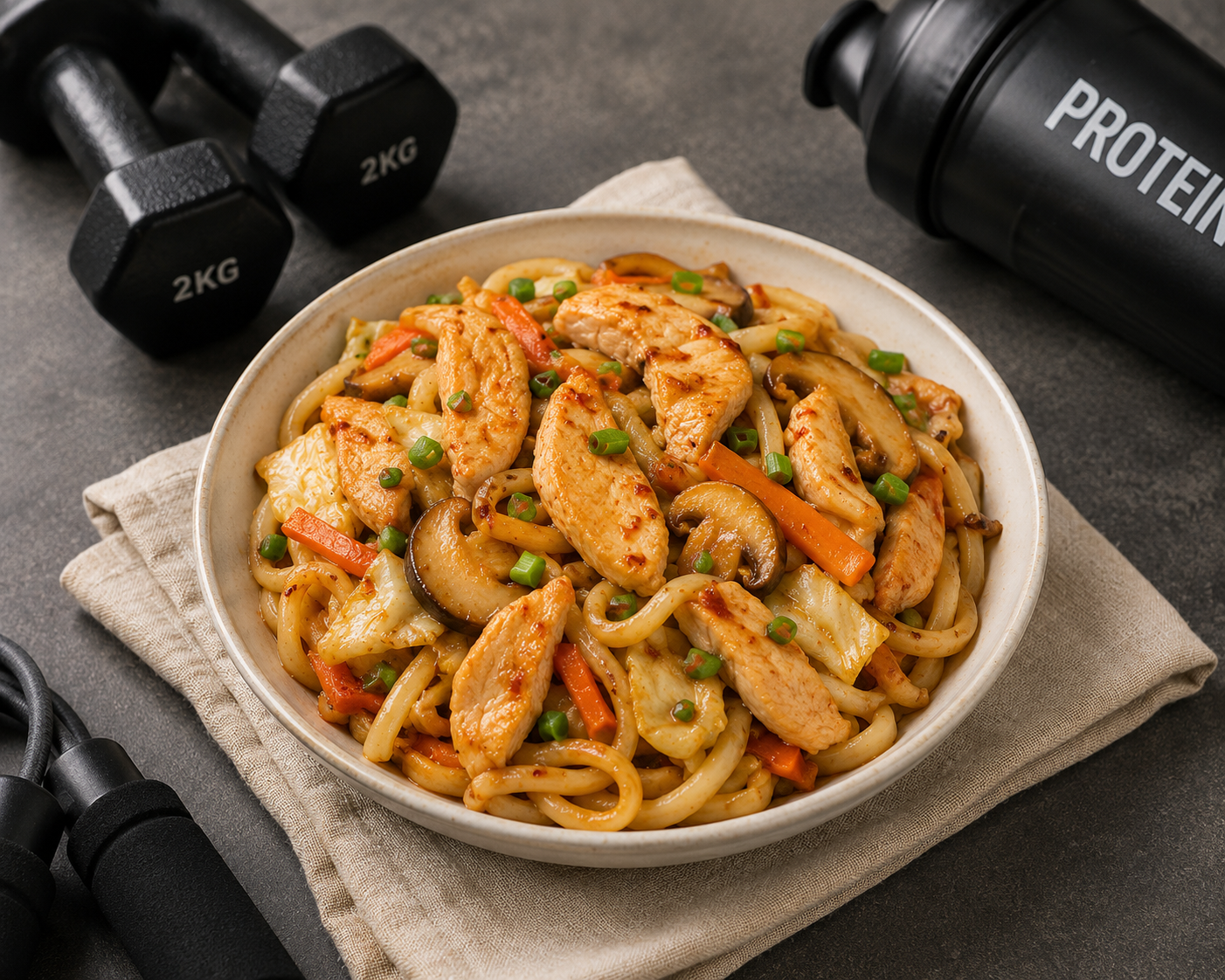 Mì udon ức gà xào sốt sa tế, 42g protein