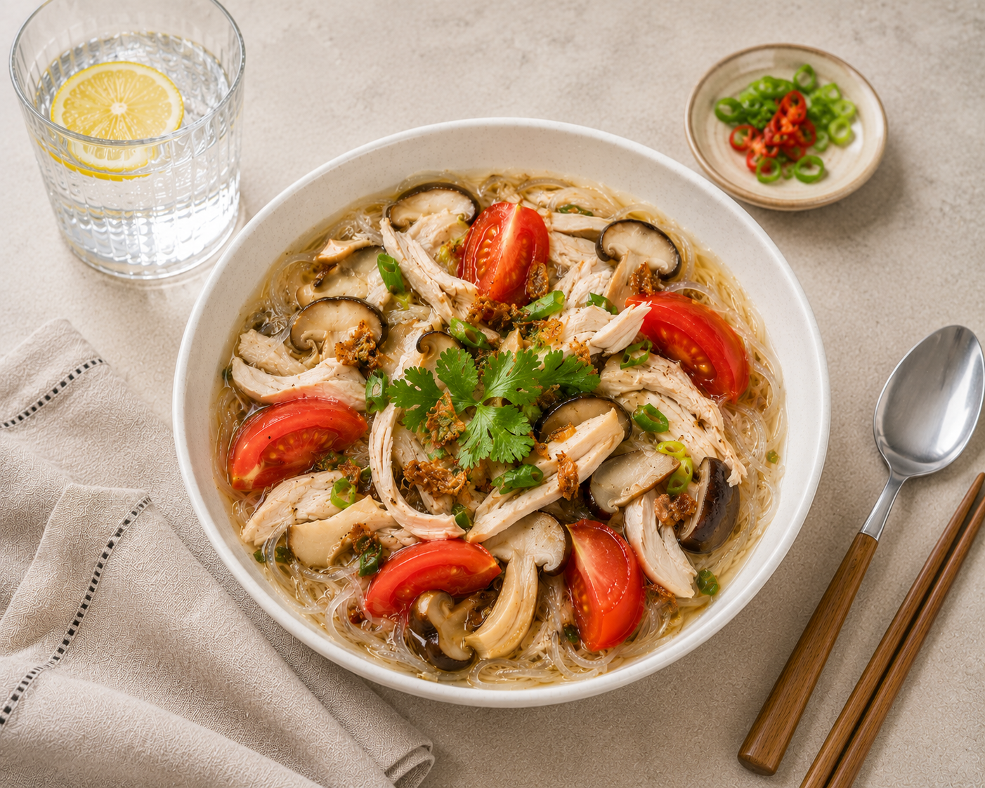 Miến dong gà nấm cà chua: Bữa chính 25 phút 57g protein. · gallery 3