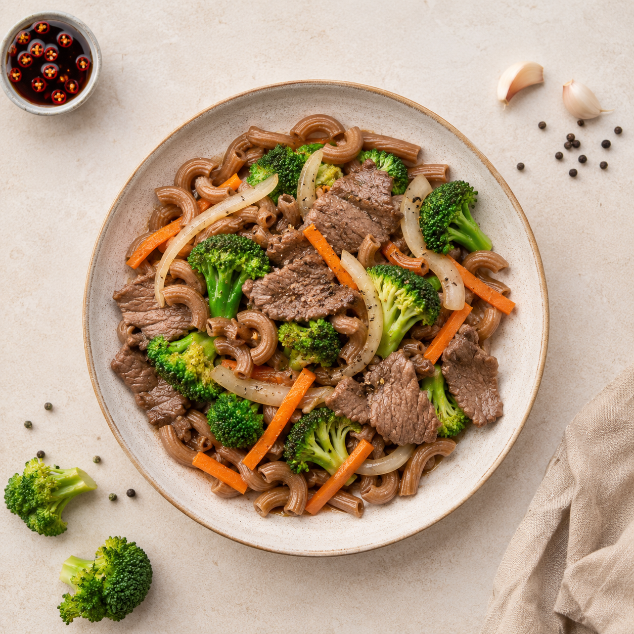 Nui gạo lứt xào bò: Bữa chính 25 phút 38g protein. · gallery 1