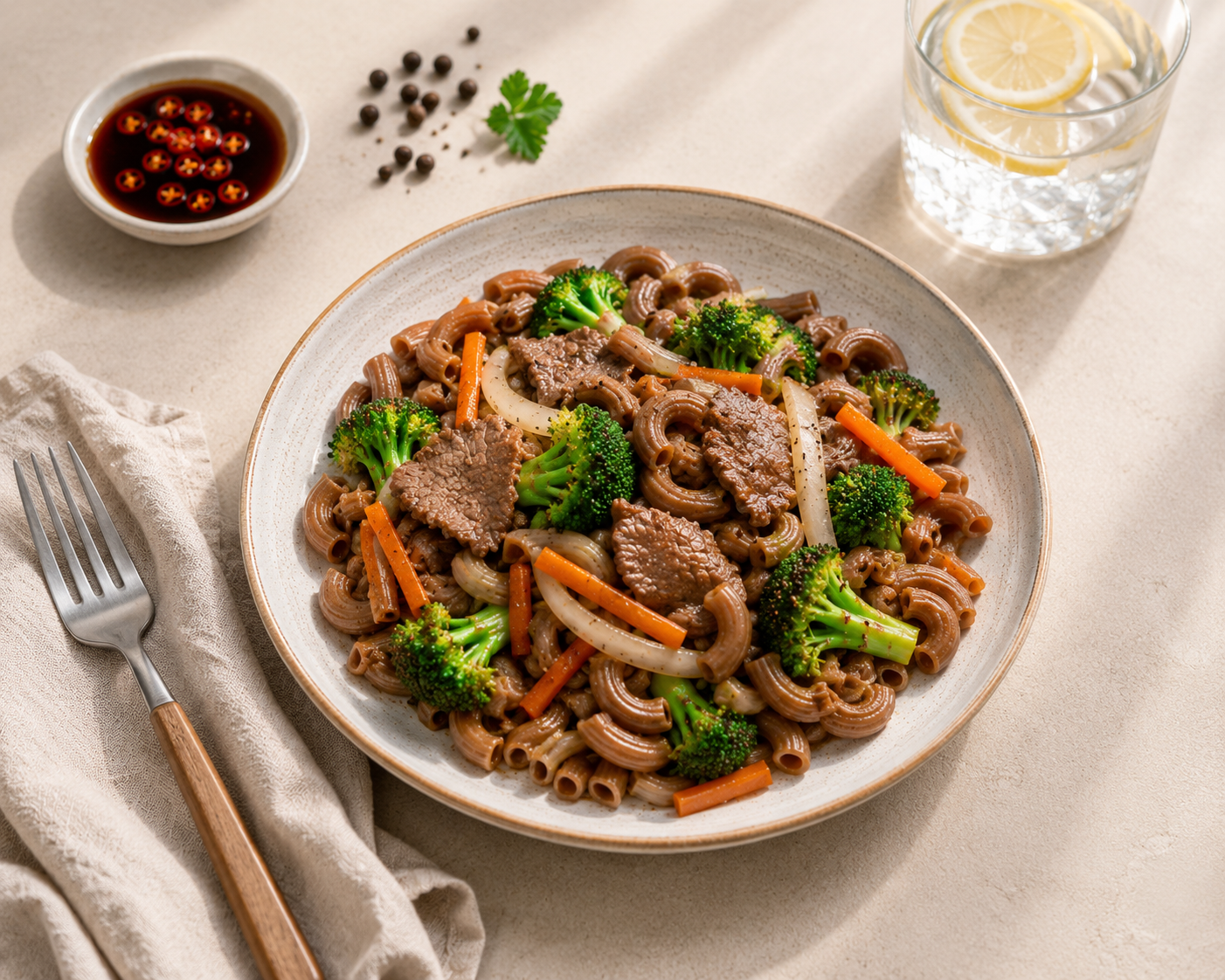 Nui gạo lứt xào bò: Bữa chính 25 phút 38g protein. · gallery 2