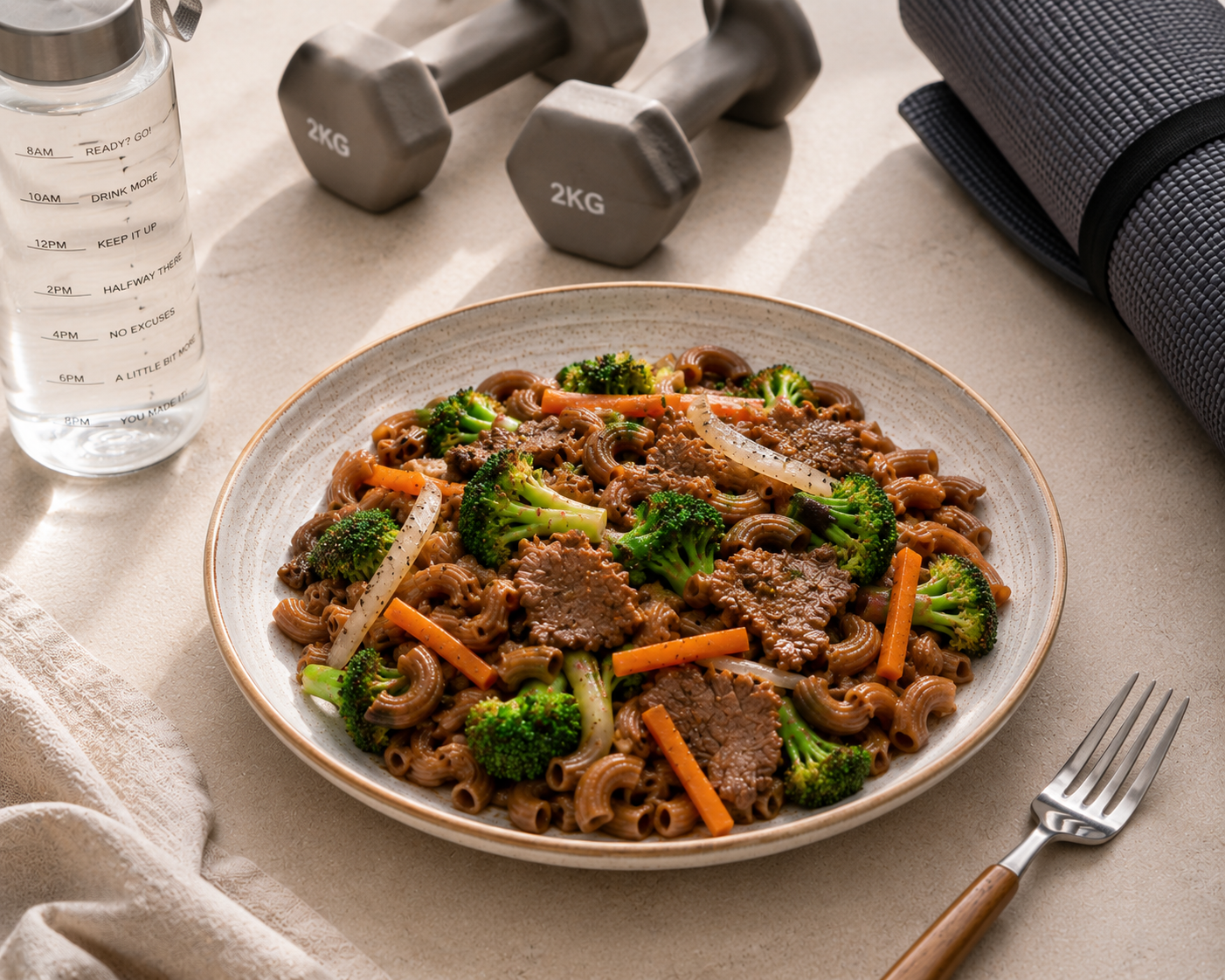 Nui gạo lứt xào bò, 38g protein