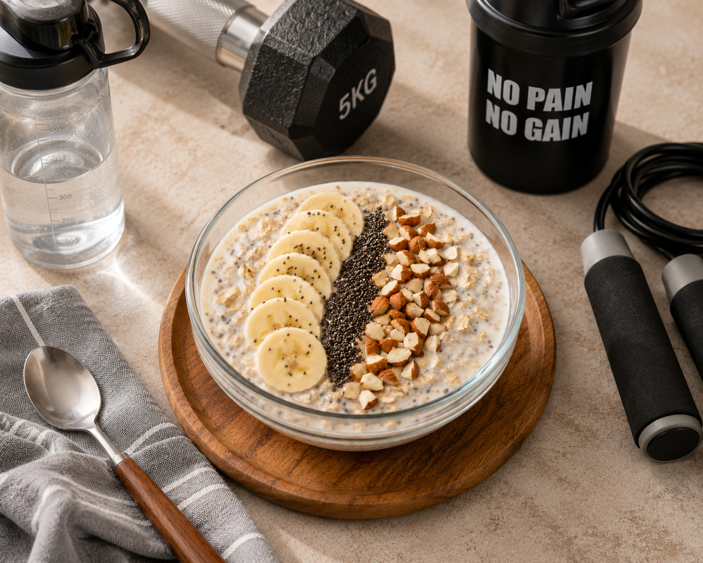Overnight oats chia chuối, sữa hạnh nhân: Bữa sáng 10 phút 39g protein. · gallery 1