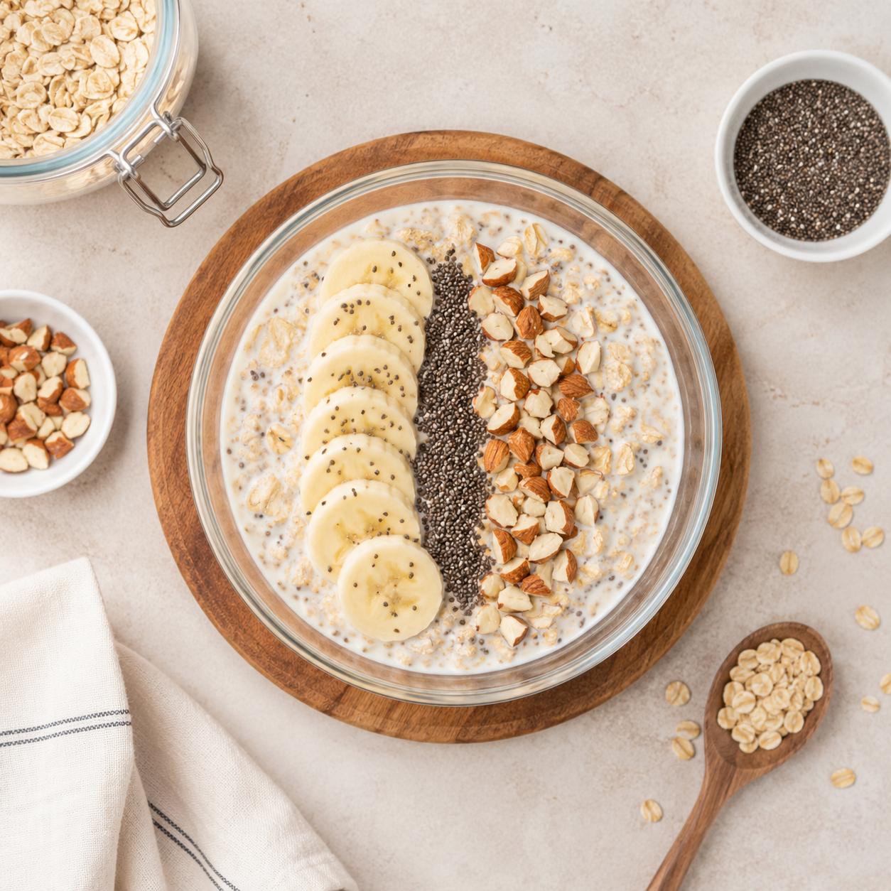 Overnight oats chia chuối, sữa hạnh nhân: Bữa sáng 10 phút 39g protein. · gallery 2