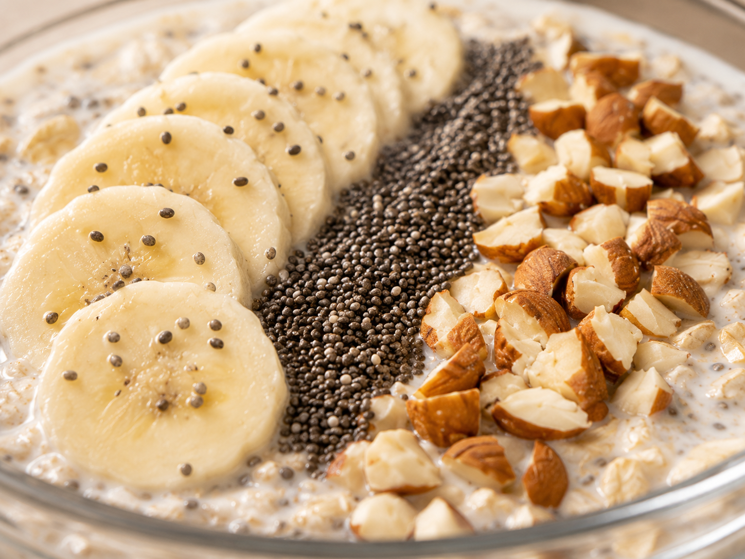 Overnight oats chia chuối, sữa hạnh nhân: Bữa sáng 10 phút 39g protein. · gallery 3