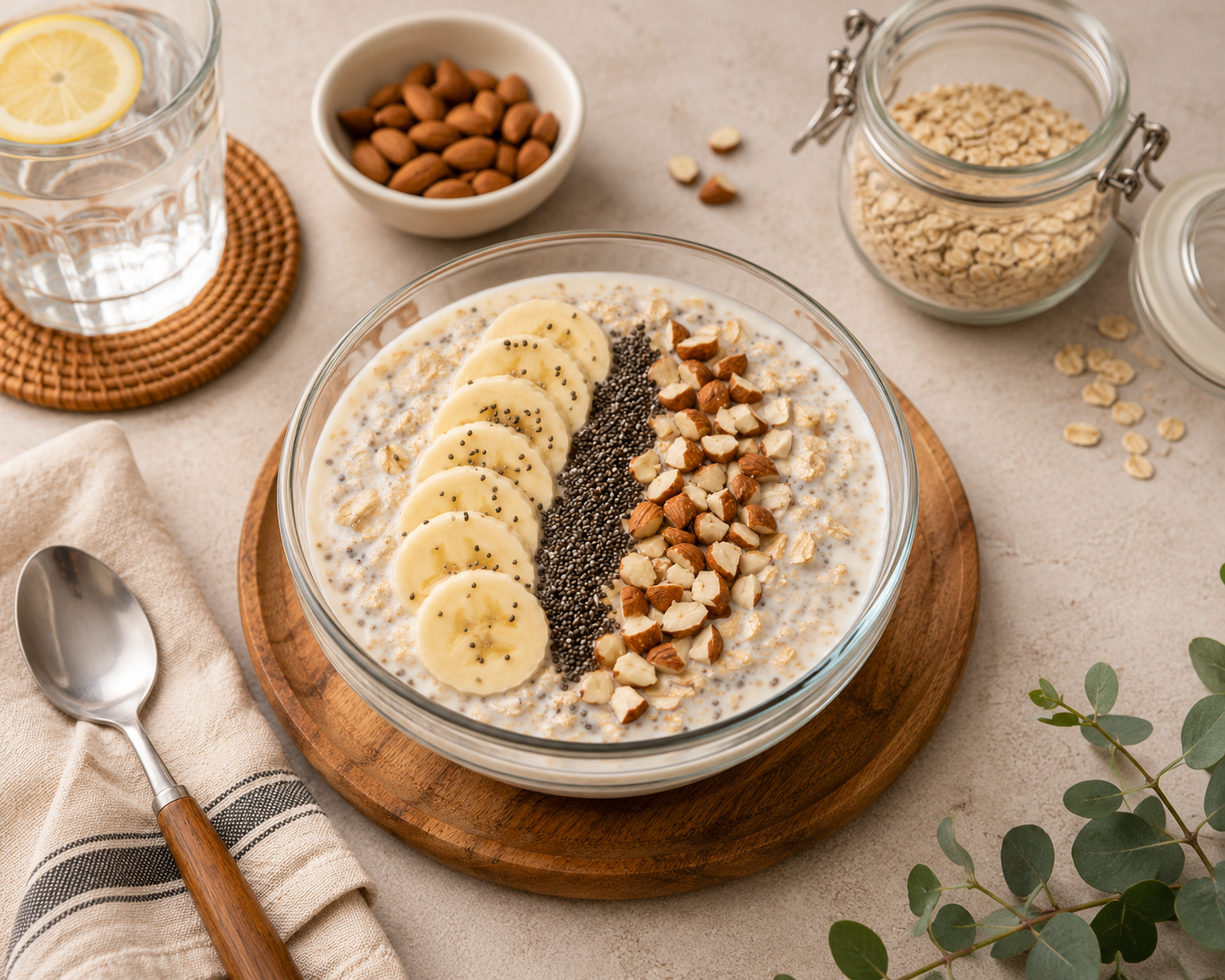 Overnight oats chia chuối sữa hạnh nhân, bữa sáng 39g protein từ Greek yogurt