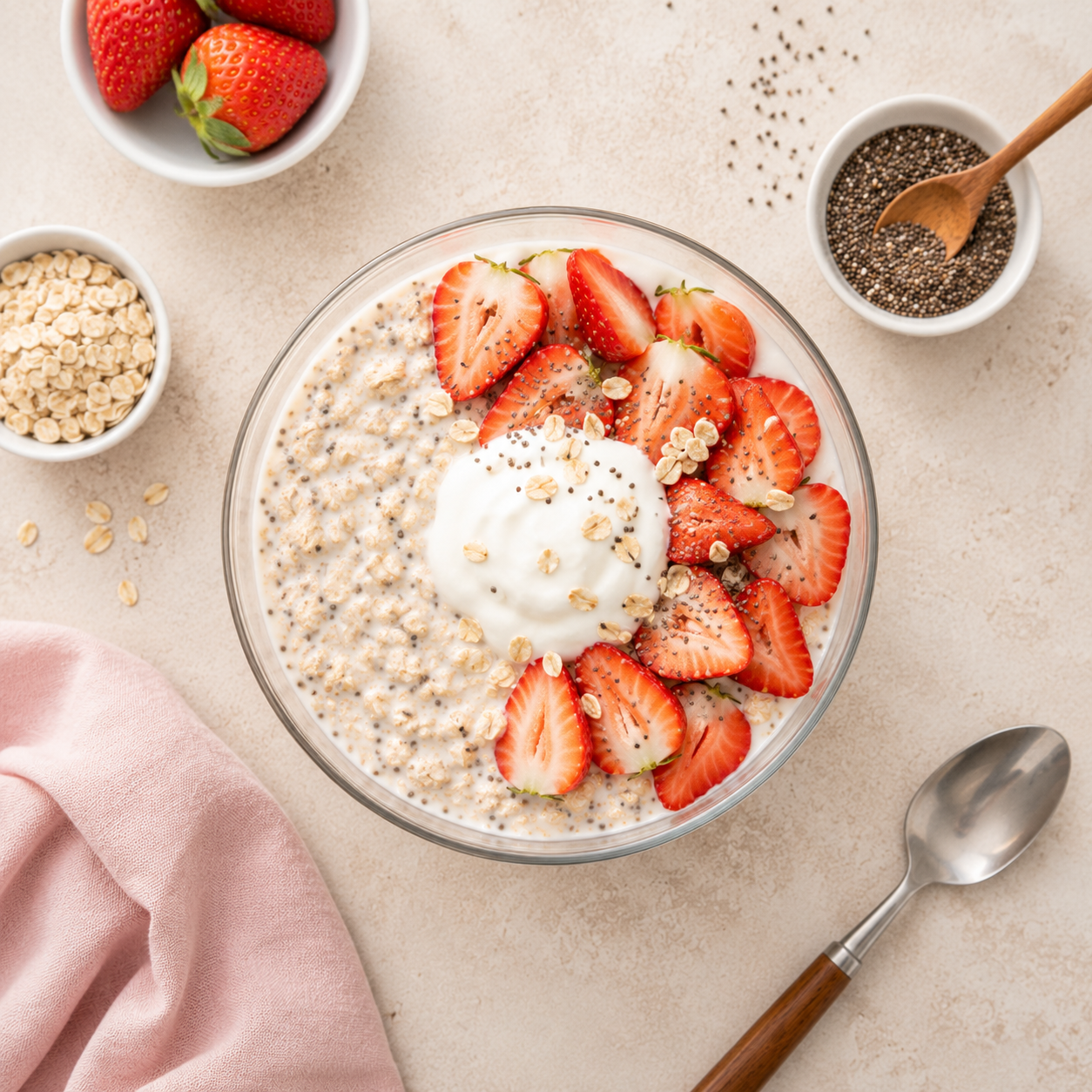 Overnight oats dâu tây Greek yogurt: Bữa sáng 10 phút 381 kcal. · gallery 2