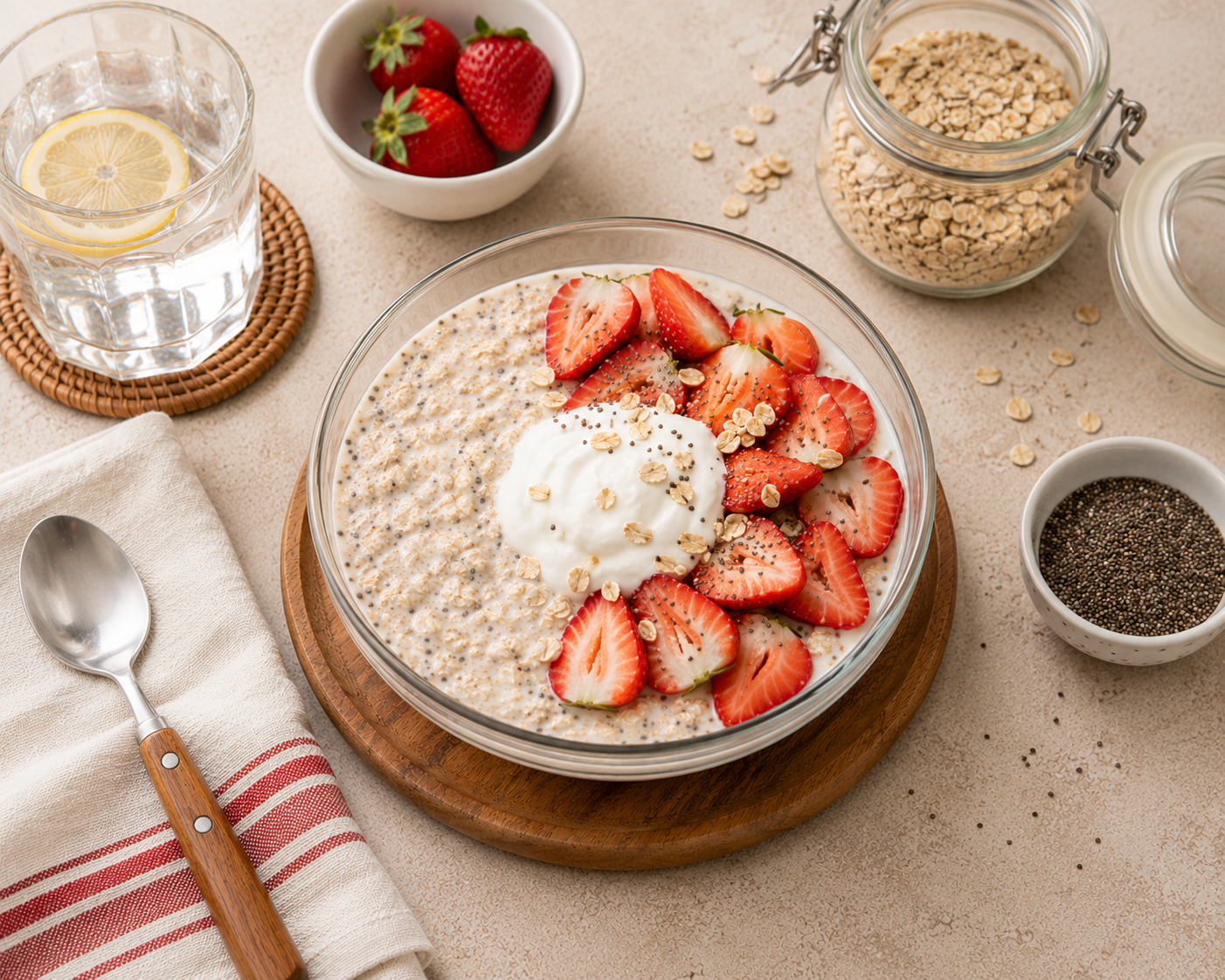 Overnight oats dâu tây Greek yogurt, bữa sáng whole food