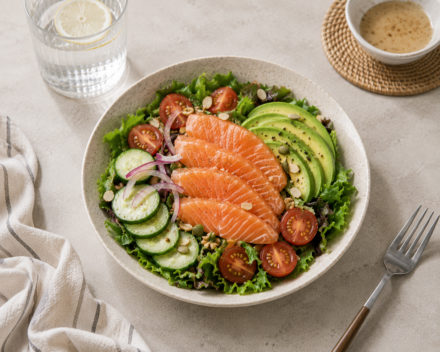 Salad bơ cá hồi, 61g protein, whole food