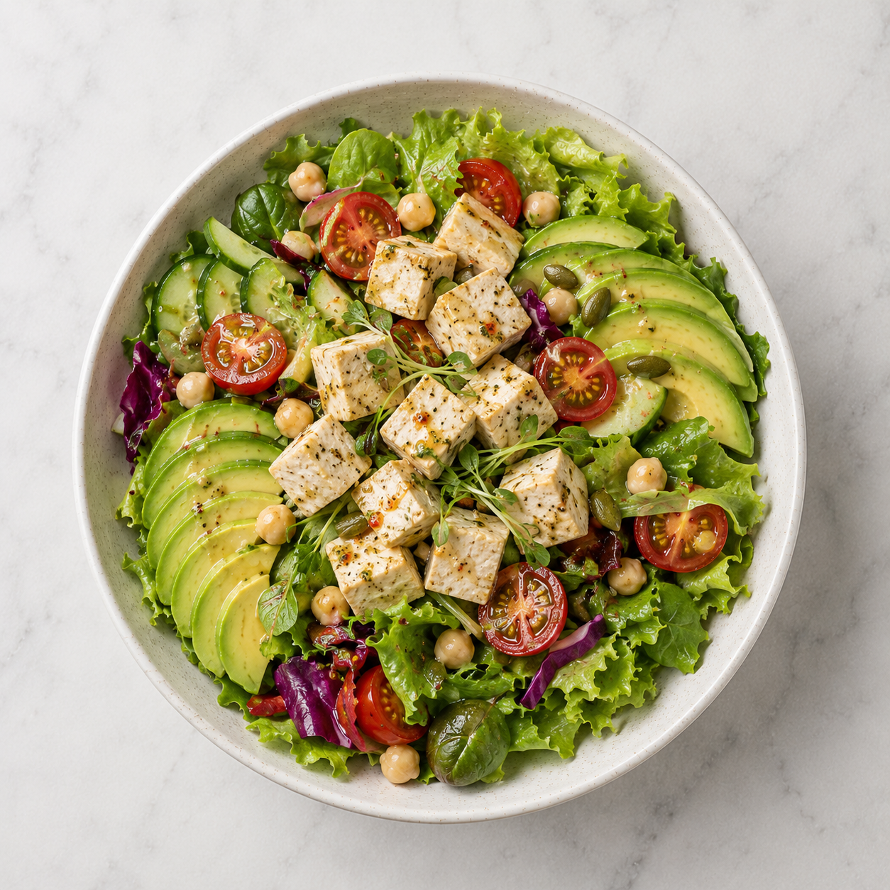 Salad bơ đậu hủ sốt chanh thuần chay: Salad 10 phút 38g protein 494 kcal. · gallery 1
