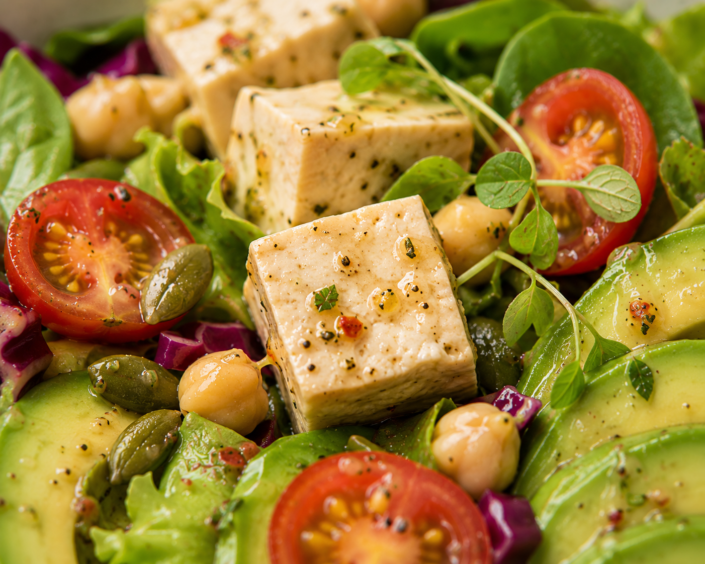 Salad bơ đậu hủ sốt chanh thuần chay: Salad 10 phút 38g protein 494 kcal. · gallery 2