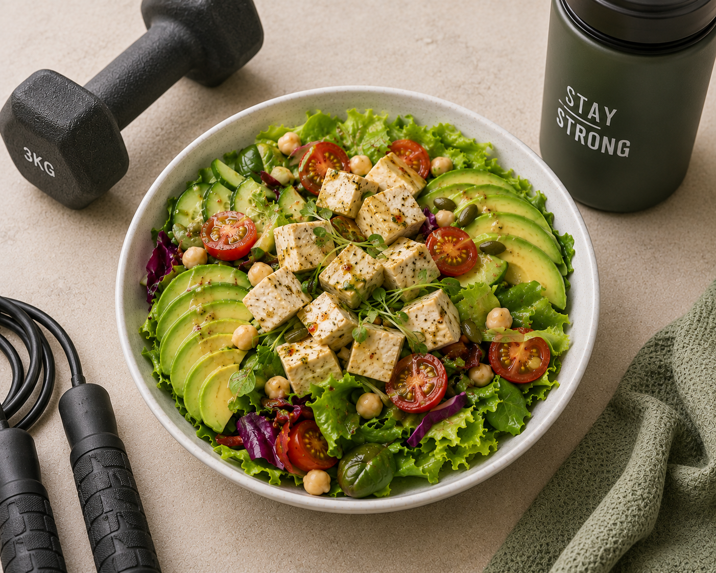 Salad bơ đậu hủ sốt chanh thuần chay: Salad 10 phút 38g protein 494 kcal. · gallery 3