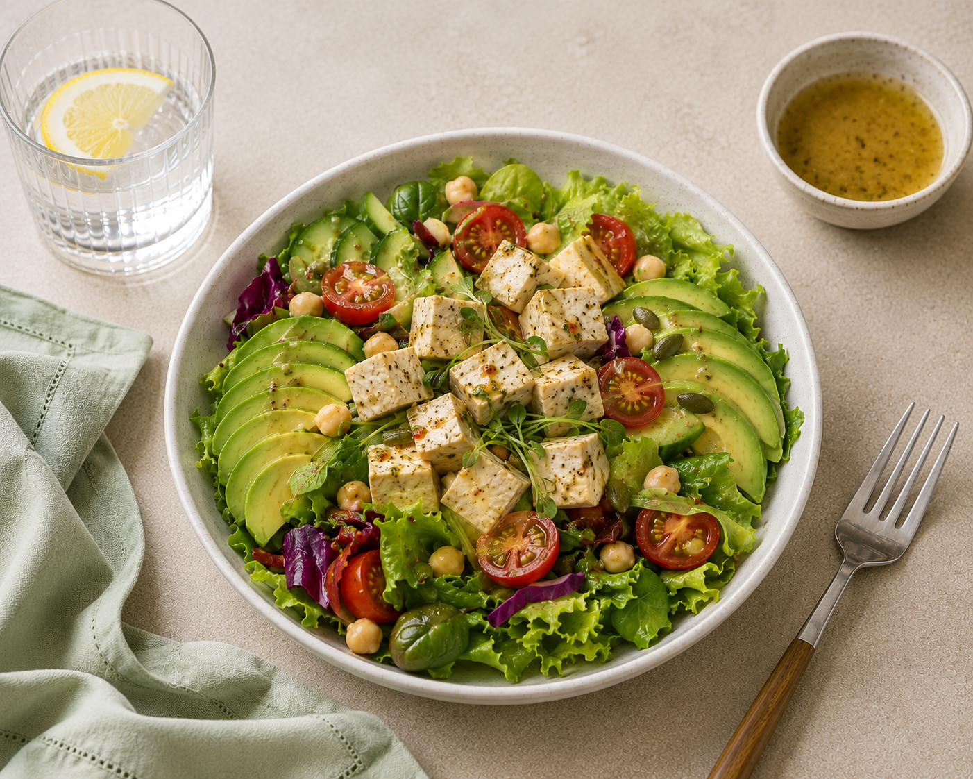 Salad bơ đậu hủ sốt chanh, 36g protein, thuần chay
