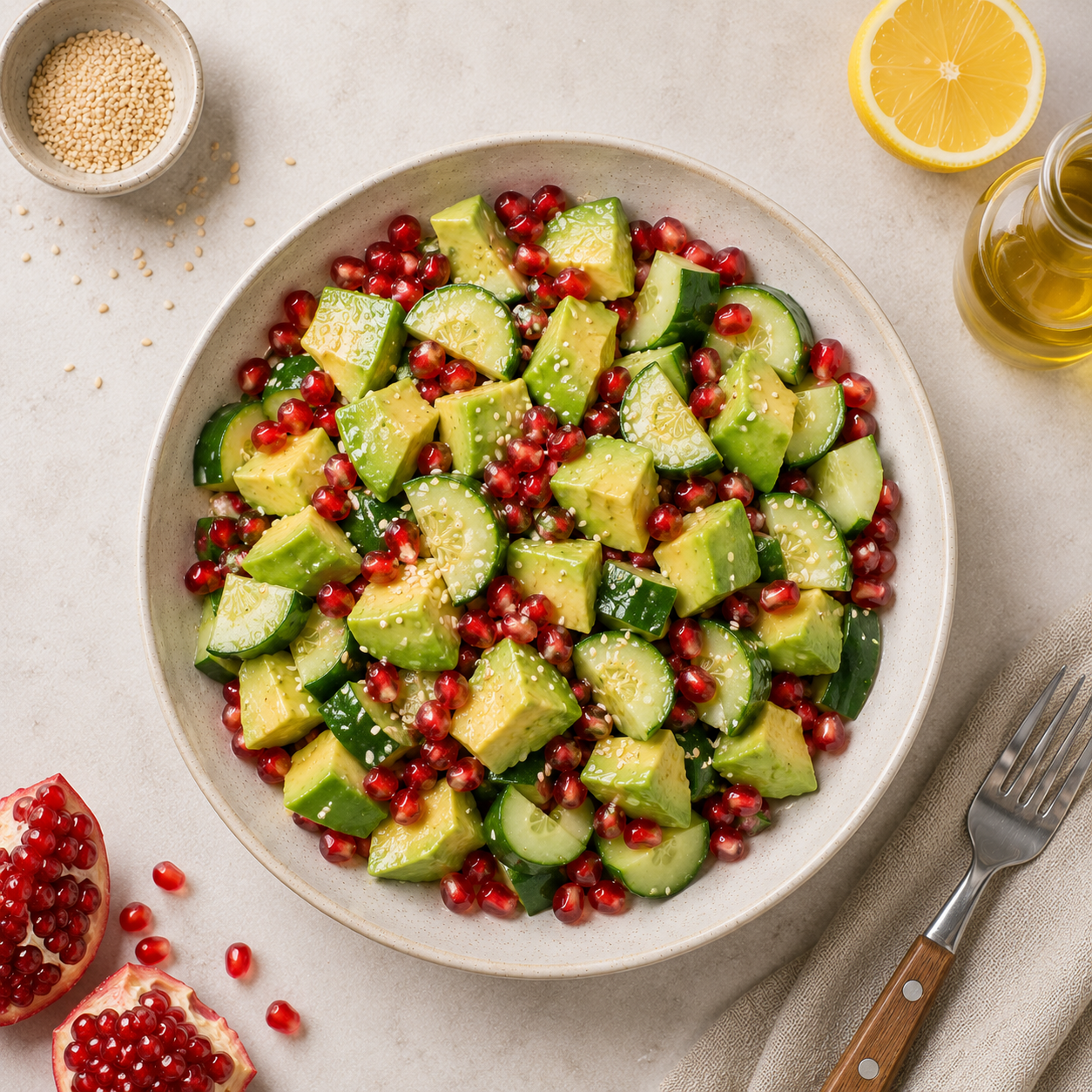 Salad bơ tôm hấp, lựu, dưa leo: Salad 10 phút 448 kcal. · gallery 1