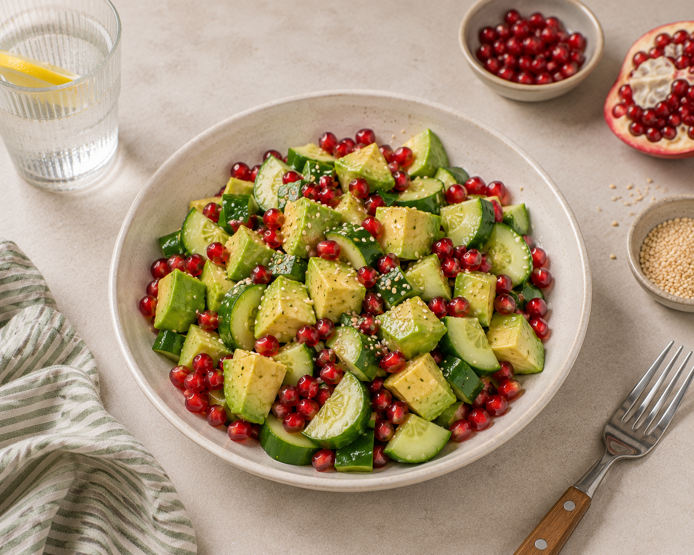 Salad bơ tôm hấp lựu, fat từ whole food