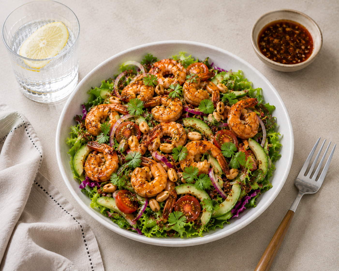 Salad tôm xốt mè rang, 22g protein