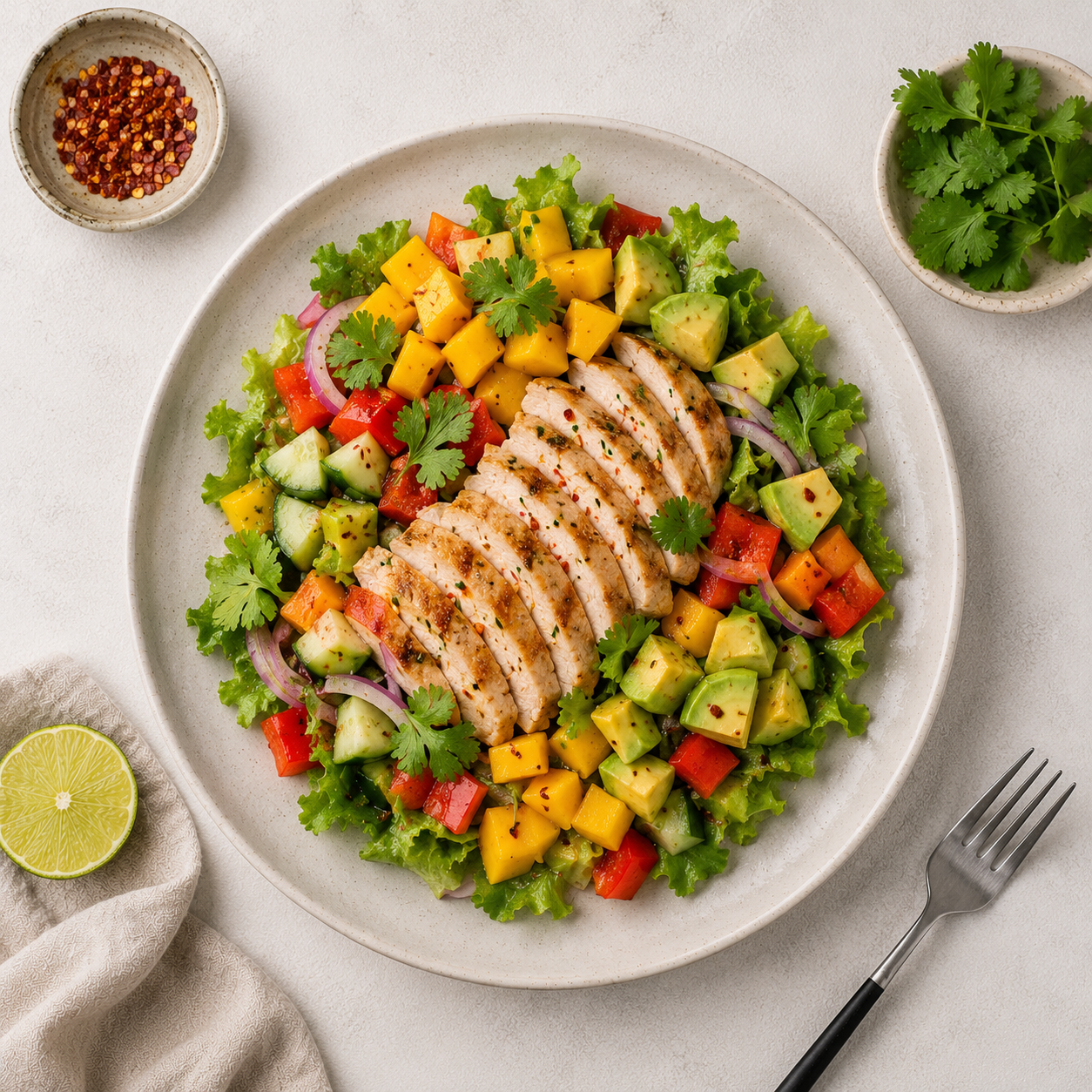 Salad xoài bơ ức gà, 46g protein, whole food