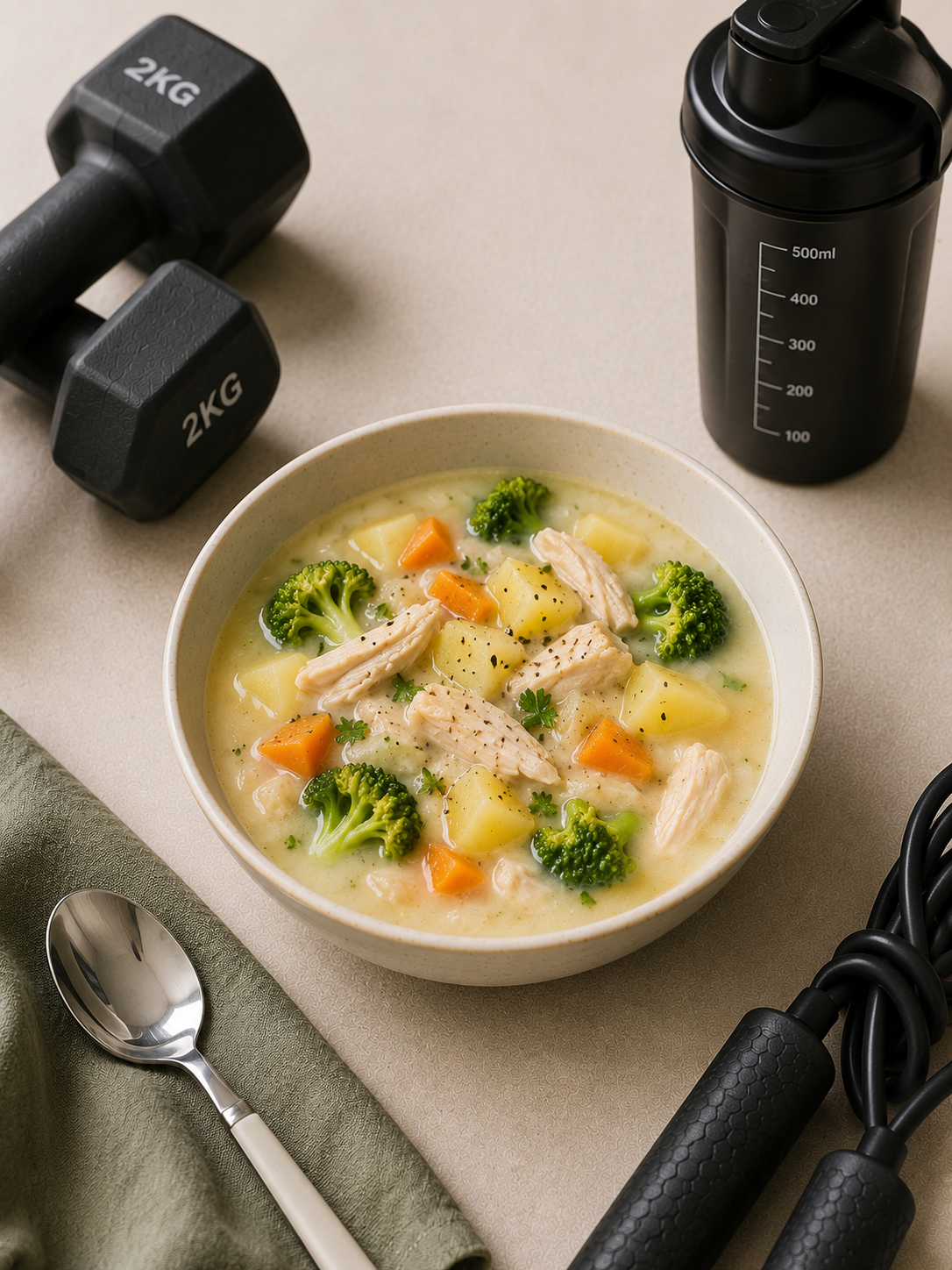 Súp gà khoai tây: Bữa chính 30 phút 45g protein 425 kcal. · gallery 1