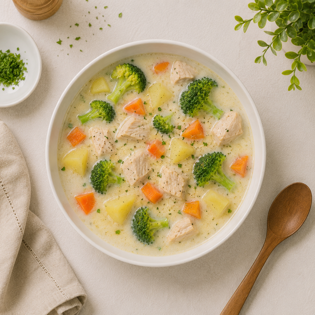 Súp gà khoai tây, bữa trưa 45g protein, whole food